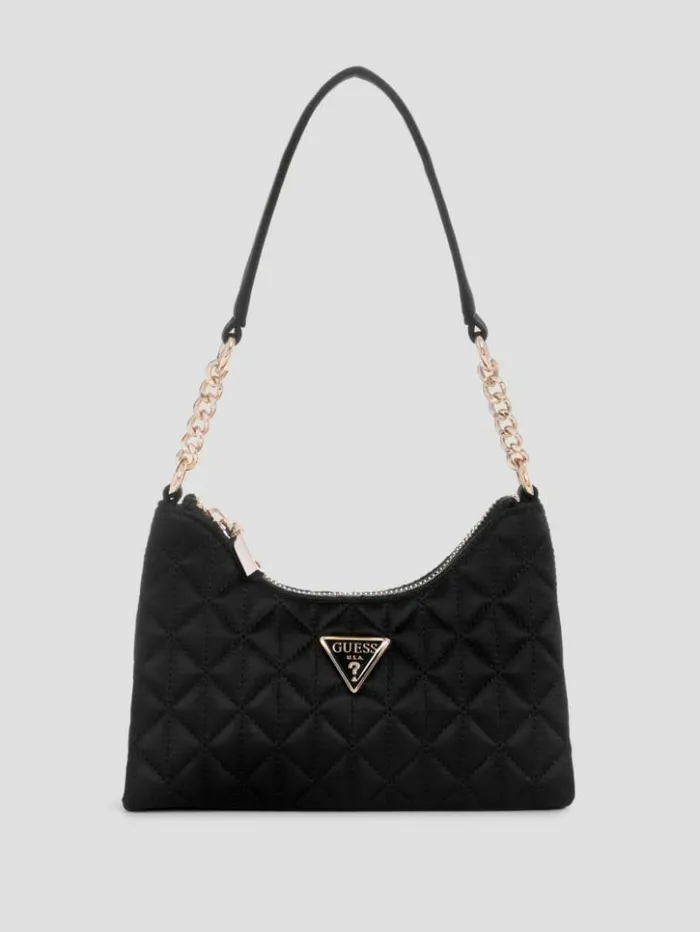 Women GUESS Handbags Velina Quilted Satin Mini Shoulder Bag Black