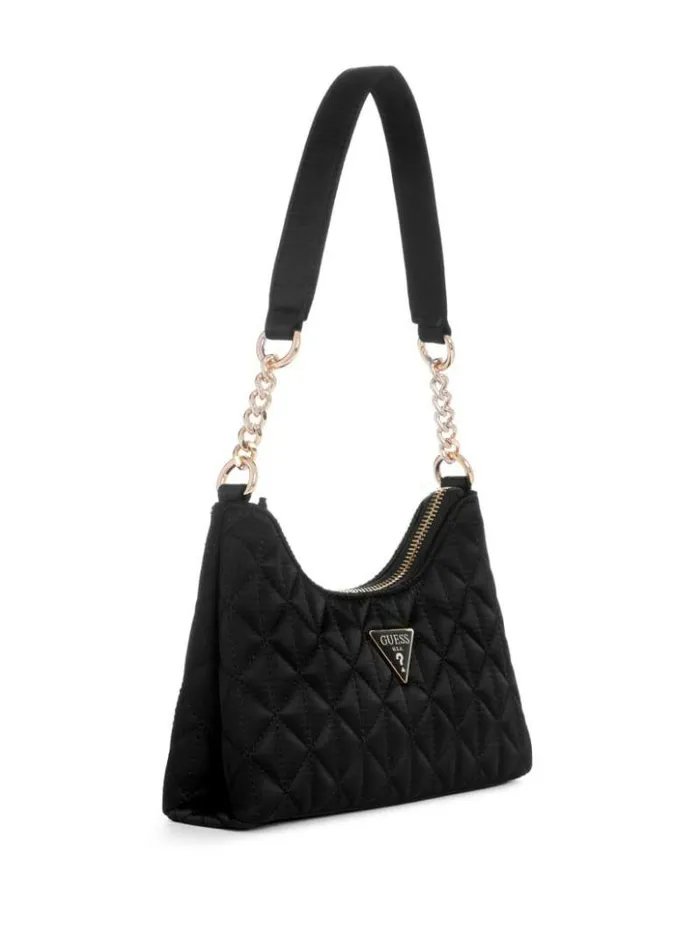 Women GUESS Handbags Velina Quilted Satin Mini Shoulder Bag Black