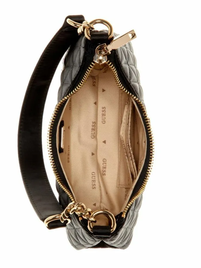 Women GUESS Handbags Velina Quilted Satin Mini Shoulder Bag Black