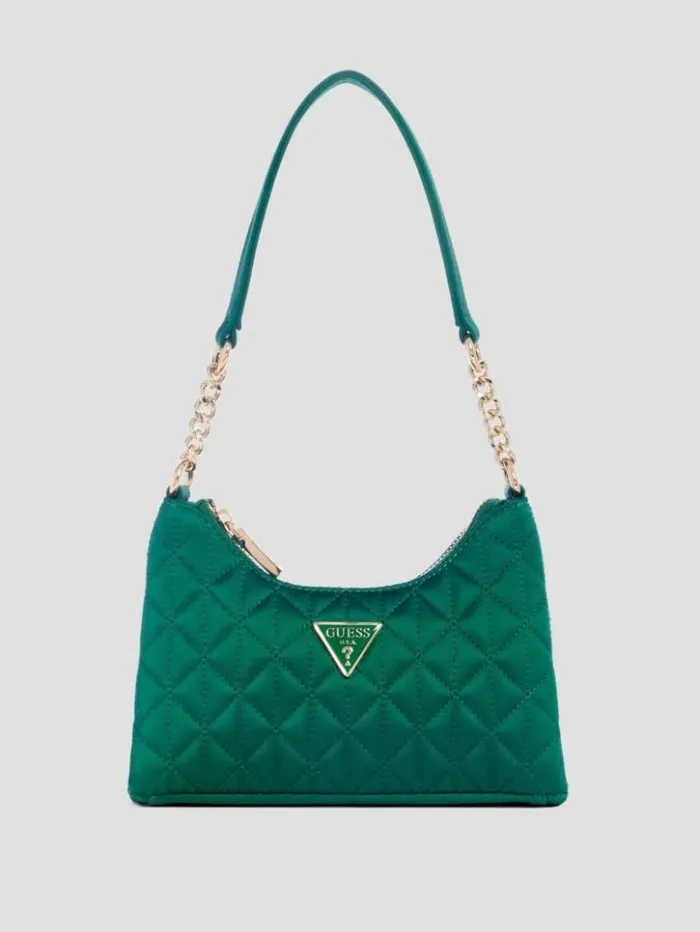 Women GUESS Handbags Velina Quilted Satin Mini Shoulder Bag Bleuemerson Wash
