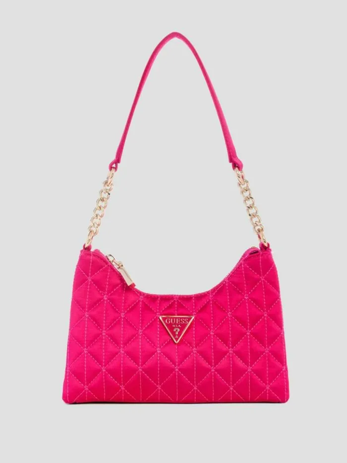 Women GUESS Handbags Velina Quilted Satin Mini Shoulder Bag Pink