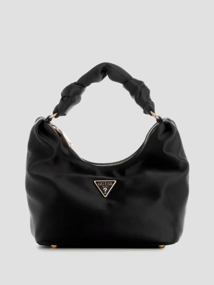 Women GUESS Handbags Velina Satin Hobo Bag Black Floral Print