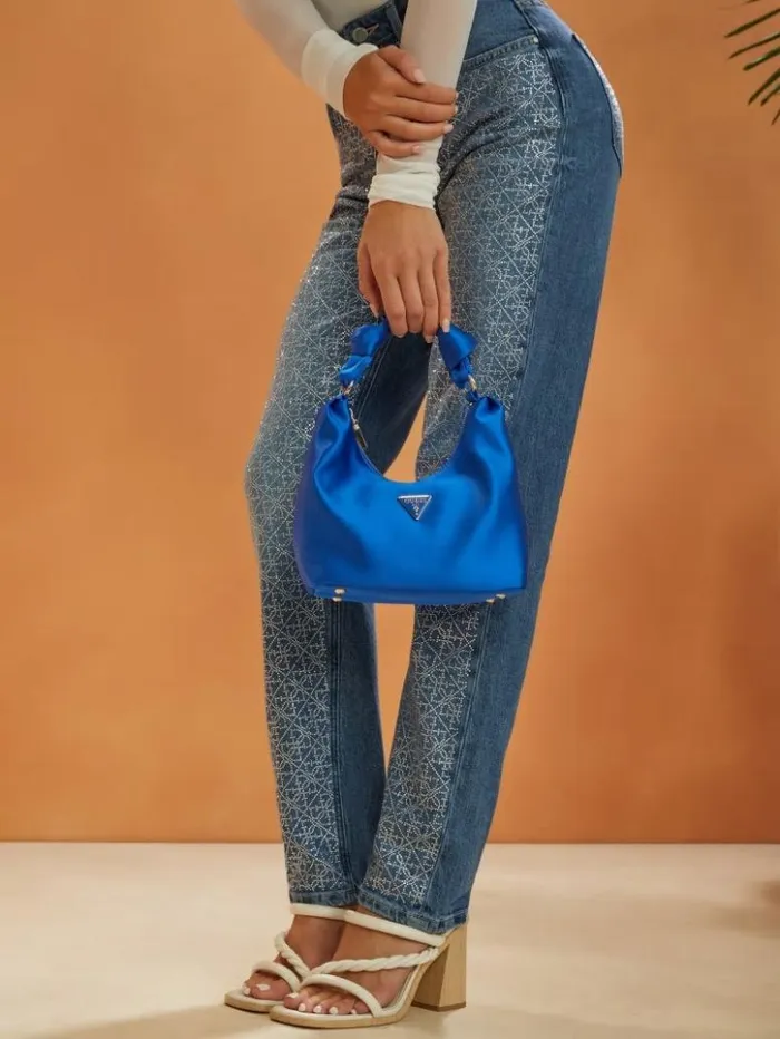 Women GUESS Handbags Velina Satin Hobo Bag Bleucherbourg Wash