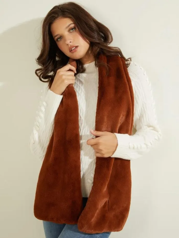 Women GUESS Hats and Scarves Elsie FauxFur Oblong Scarf Cognac Brown Multi