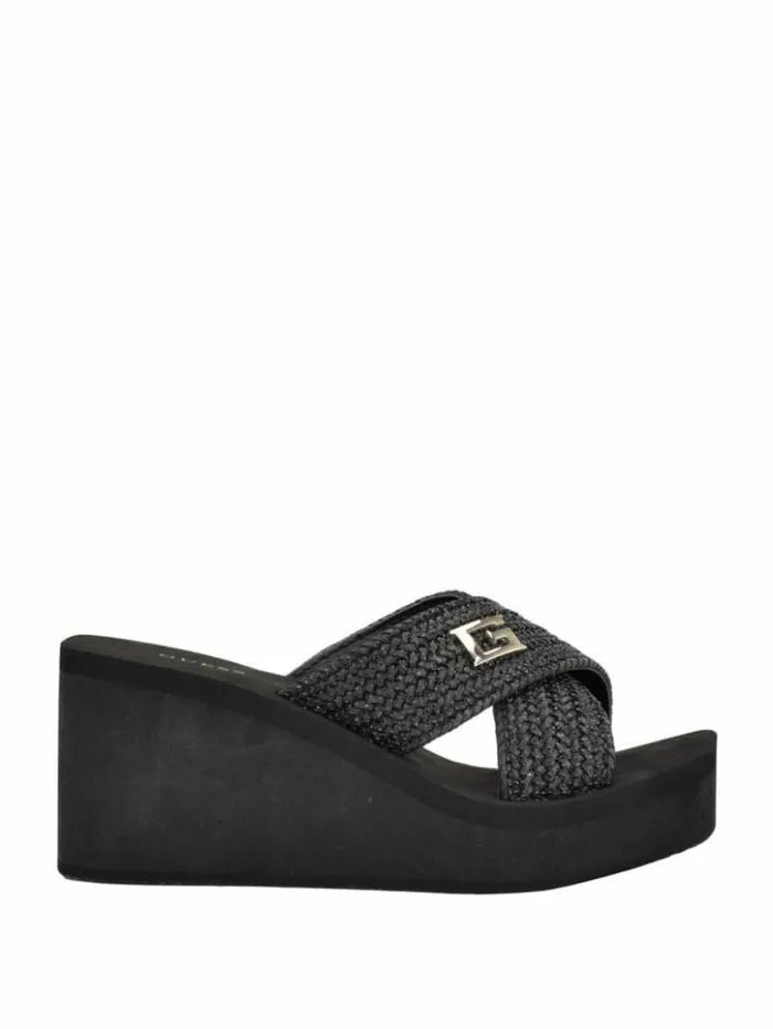 Women GUESS Heels Danvi Braided Wedge Sandals Black 001