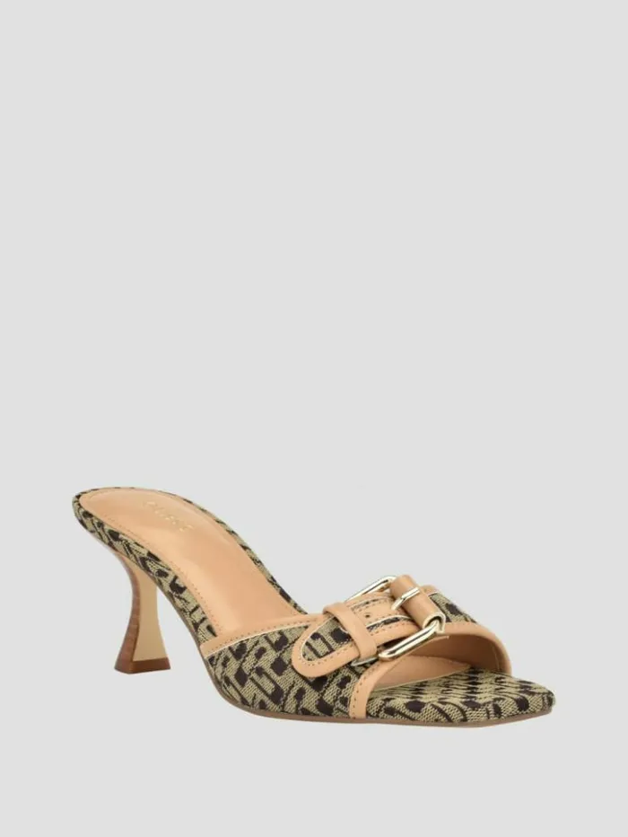 Women GUESS Heels Dista Buckled Logo Kitten Heels Medium Brown