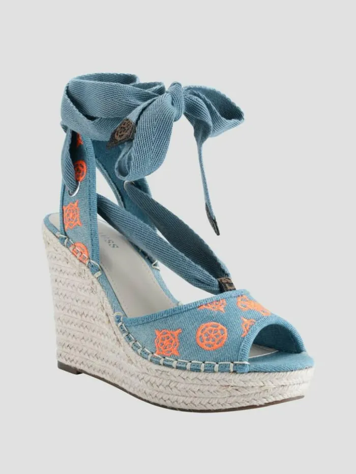 Women GUESS Heels Halona Tie Espadrille Wedges Denim Tie Dye