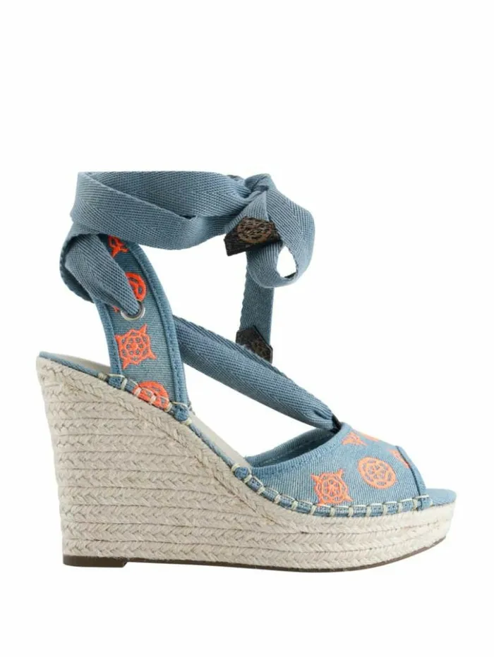 Women GUESS Heels Halona Tie Espadrille Wedges Denim Tie Dye
