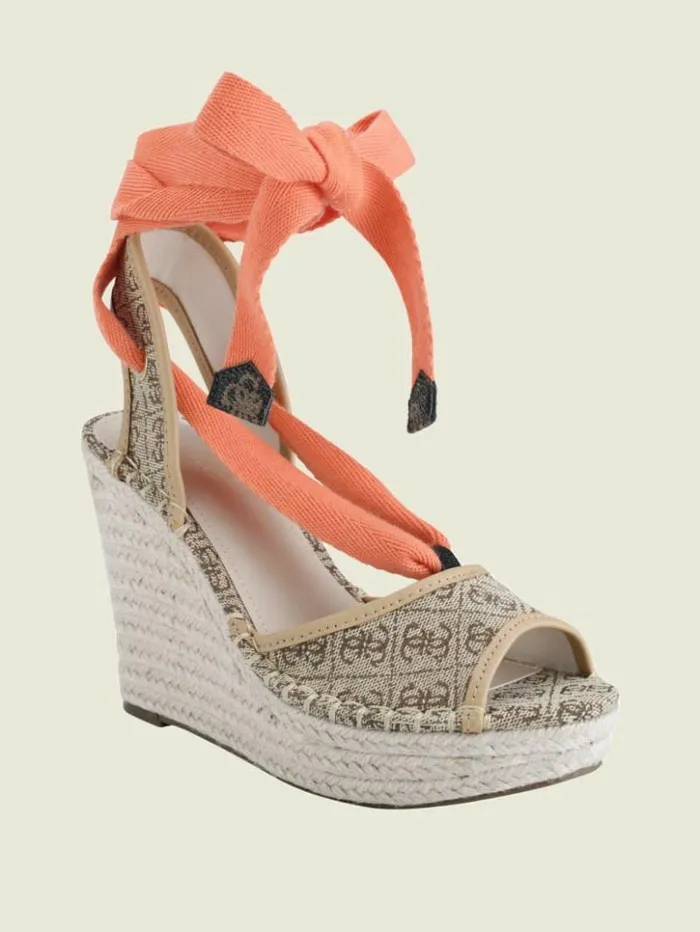 Women GUESS Heels Halona Tie Espadrille Wedges Medium Brown