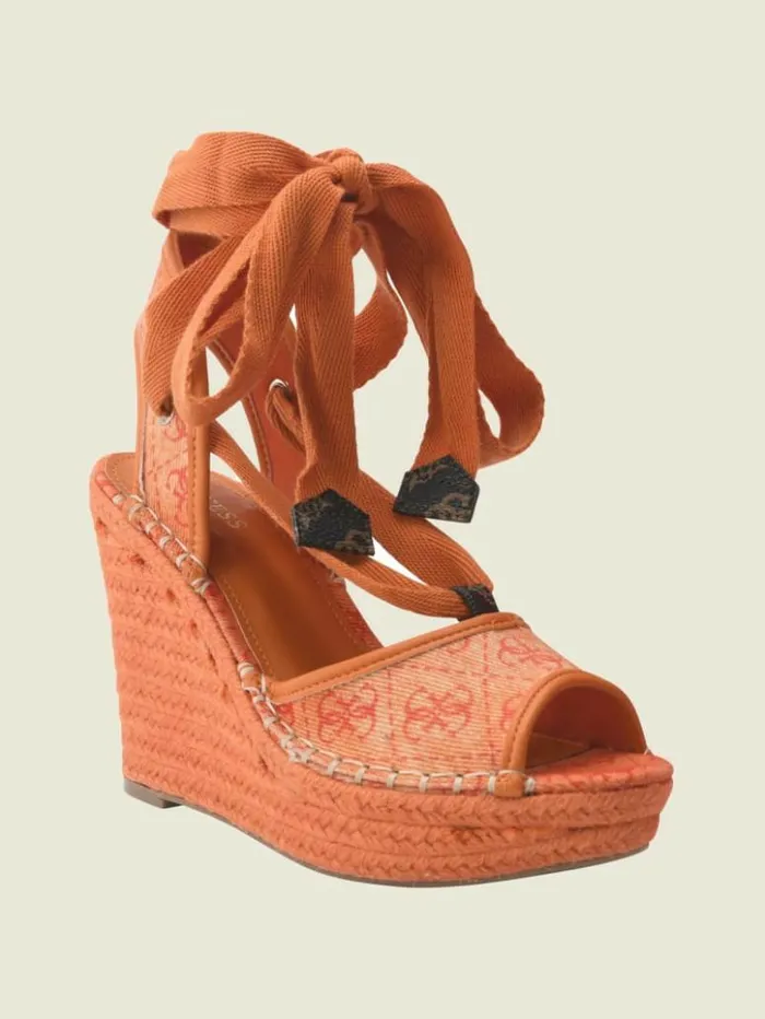Women GUESS Heels Halona Tie Espadrille Wedges Orange