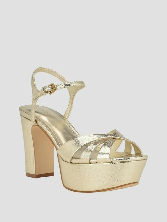 Women GUESS Heels Haylo Crisscross Platform Block Heels Gold