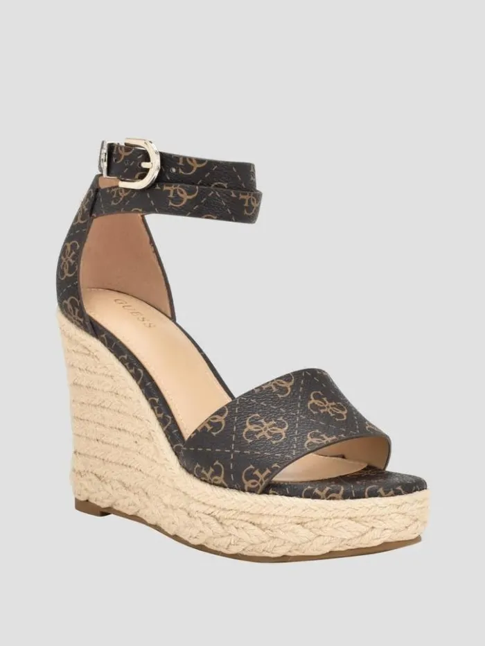Women GUESS Heels Hidy Logo Espadrille Wedges Medium Brown