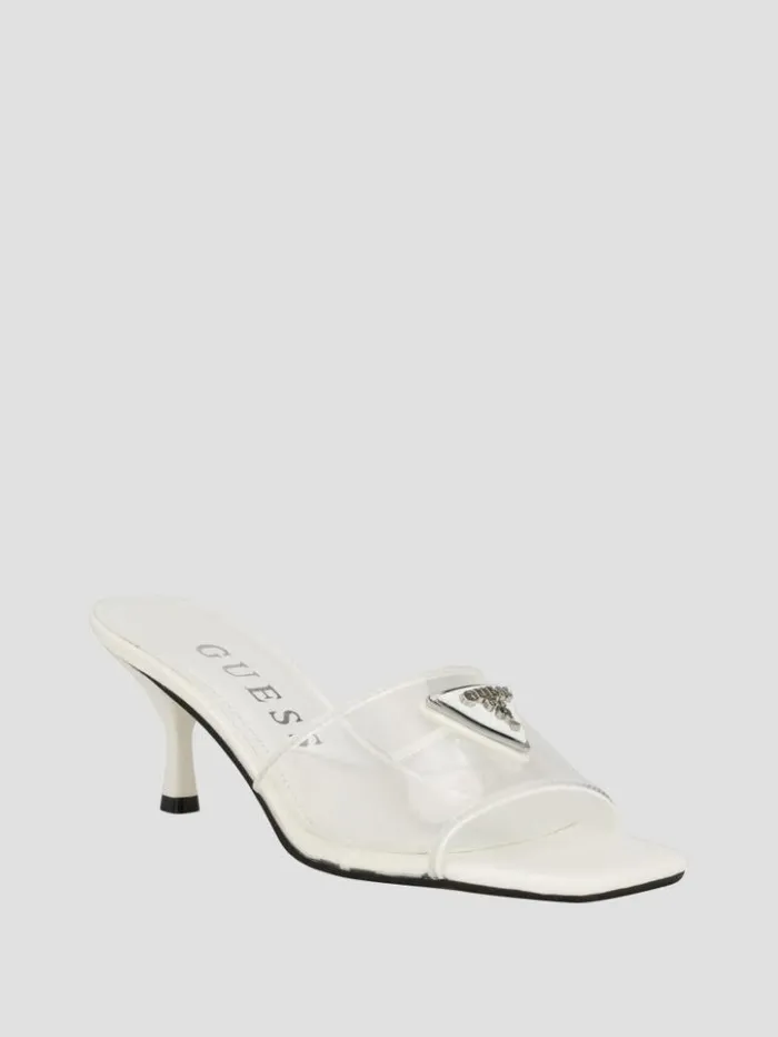Women GUESS Heels Lusie Triangle Clear Kitten Mules Wht Floral