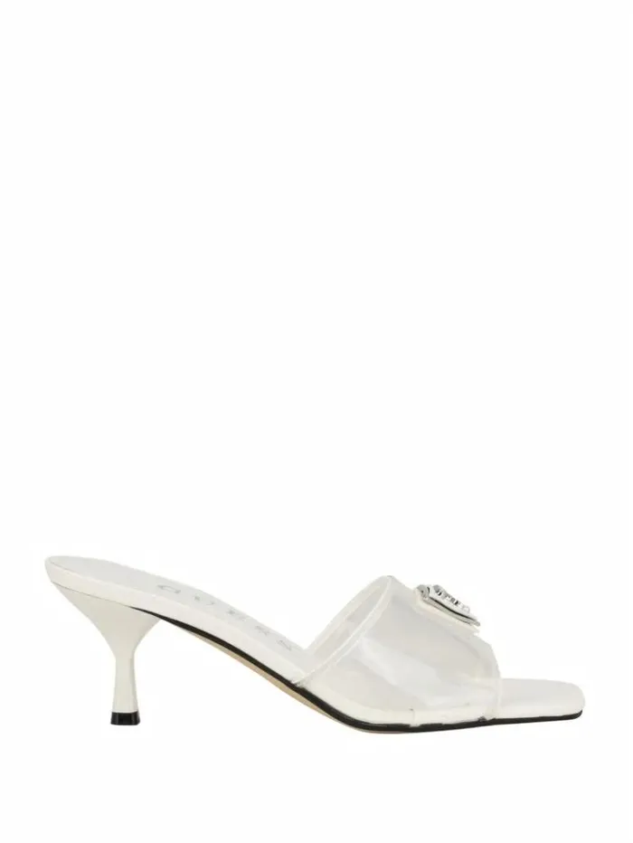 Women GUESS Heels Lusie Triangle Clear Kitten Mules Wht Floral