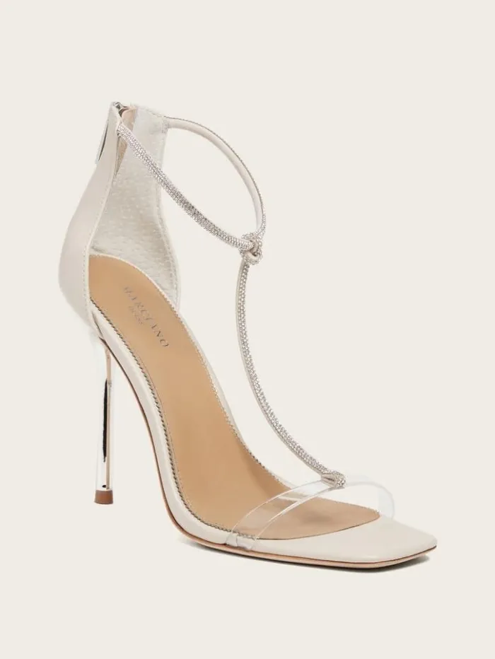 Women GUESS Heels Olivia TStrap Rhinestone Stiletto Sandal Paper