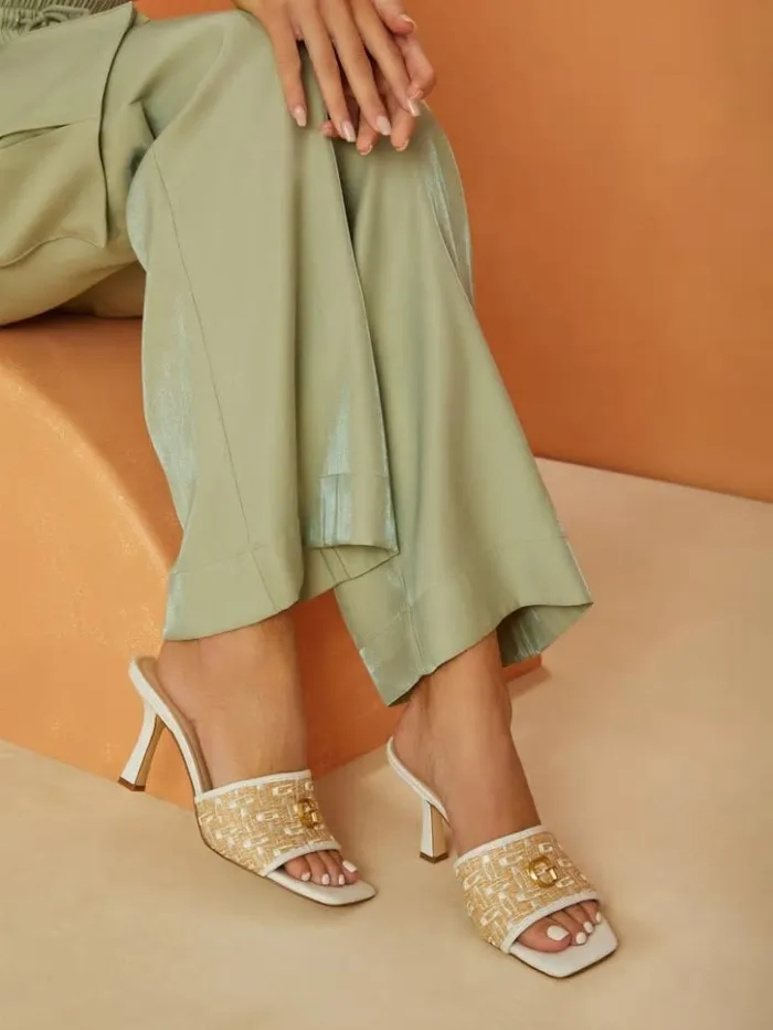 Women GUESS Heels Yana Straw G Logo Heeled Mules Light Natural 110