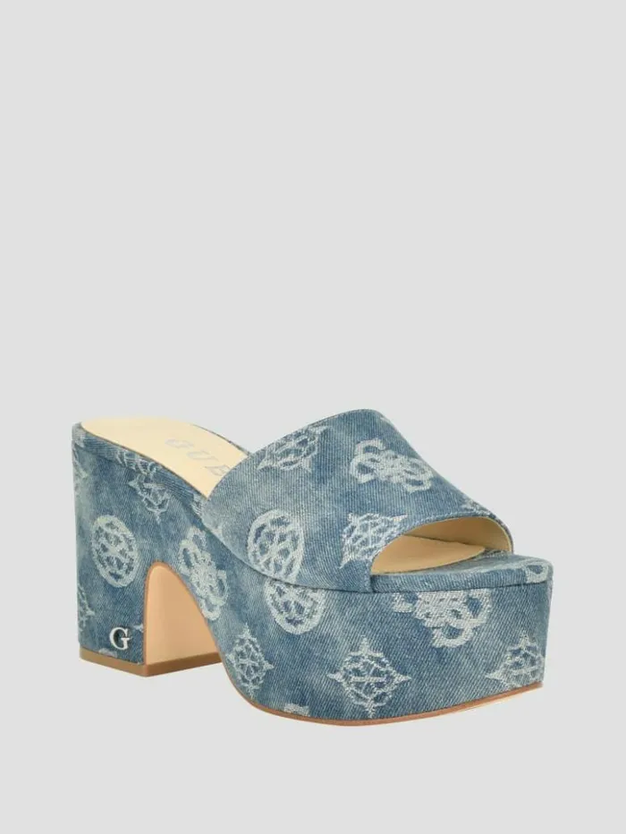 Women GUESS Heels Yapplea Denim Peony G Platform Mules Blue