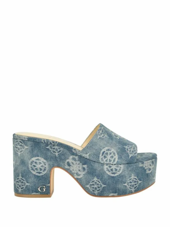 Women GUESS Heels Yapplea Denim Peony G Platform Mules Blue