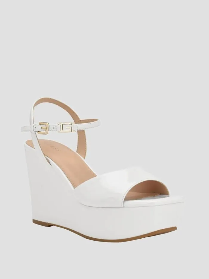Women GUESS Heels Zione Patent Wedges Wht Floral