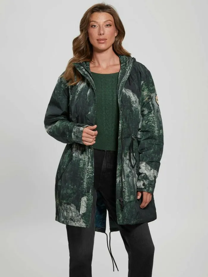Women GUESS Jackets and Coats Ace Anorak Forest Cliffs Print