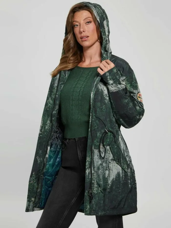 Women GUESS Jackets and Coats Ace Anorak Forest Cliffs Print