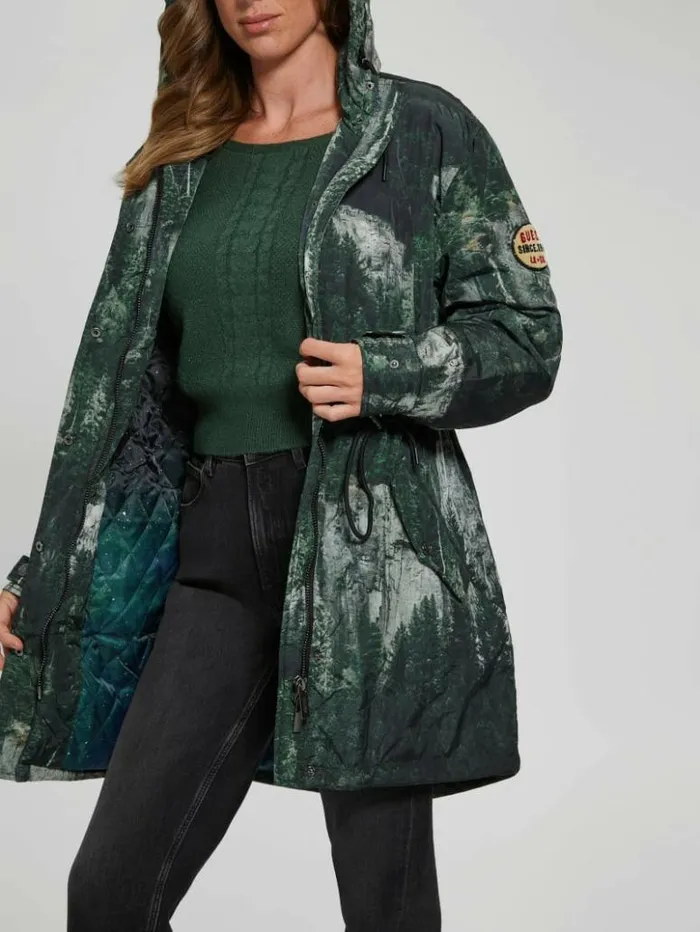Women GUESS Jackets and Coats Ace Anorak Forest Cliffs Print