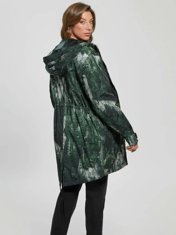 Women GUESS Jackets and Coats Ace Anorak Forest Cliffs Print