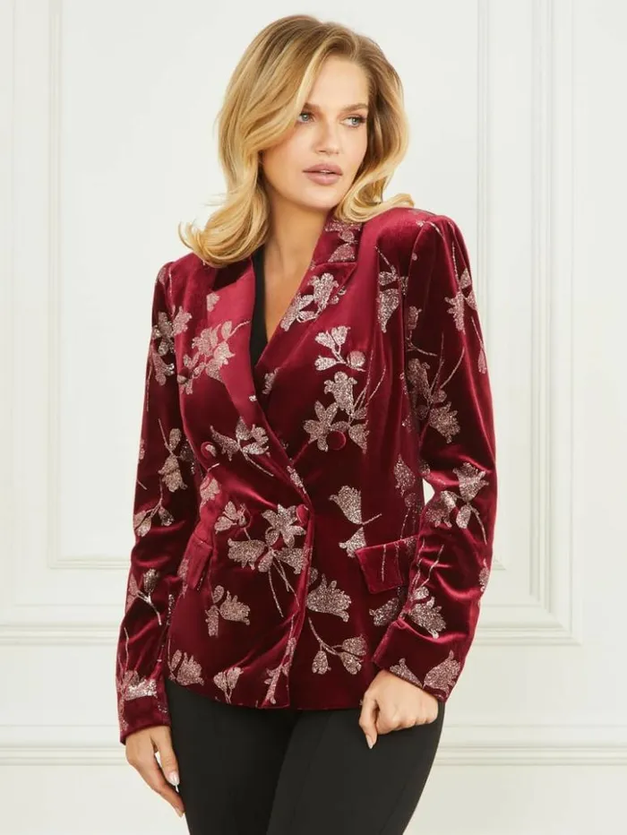 Women GUESS Jackets and Coats Angelica Velvet Blazer Purple Petal With Rose Go Women GUESS Jackets and Coats Angelica Velvet Blazer Purple Petal With Rose Go