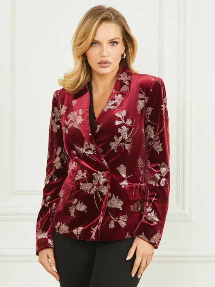 Women GUESS Jackets and Coats Angelica Velvet Blazer Purple Petal With Rose Go Women GUESS Jackets and Coats Angelica Velvet Blazer Purple Petal With Rose Go