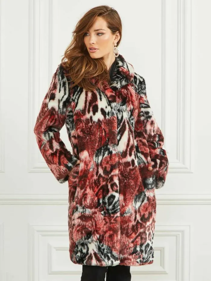 Women GUESS Jackets and Coats Belle FauxFur Coat Leopard Rose Print