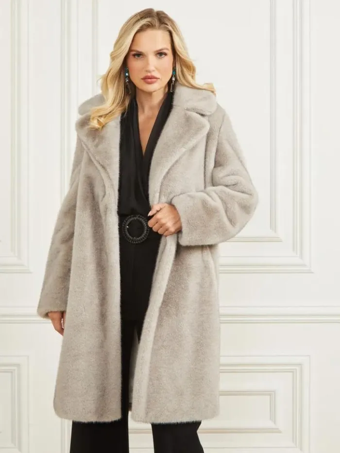 Women GUESS Jackets and Coats Bianca FauxFur Coat Grey Pearl Multi