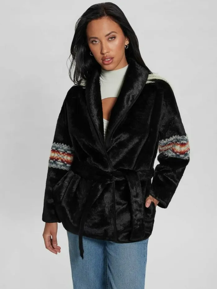 Women GUESS Jackets and Coats Carlotta FauxFur Wrap Jacket Black