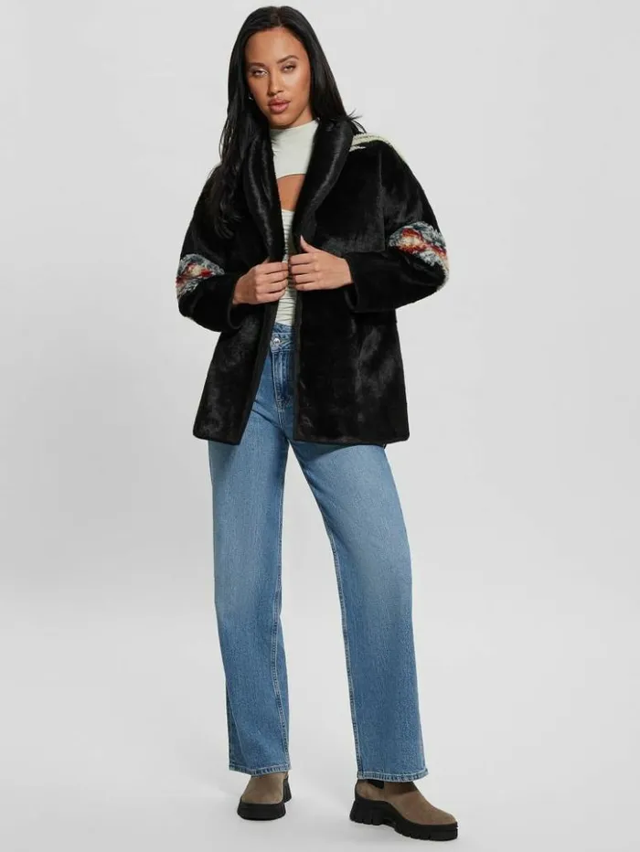Women GUESS Jackets and Coats Carlotta FauxFur Wrap Jacket Black