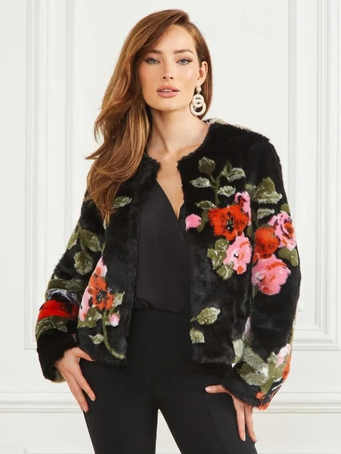 Women GUESS Jackets and Coats Corsage FauxFur Floral Jacket Corsage Print