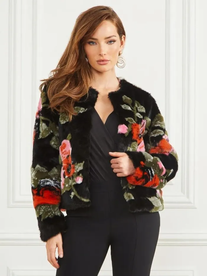 Women GUESS Jackets and Coats Corsage FauxFur Floral Jacket Corsage Print