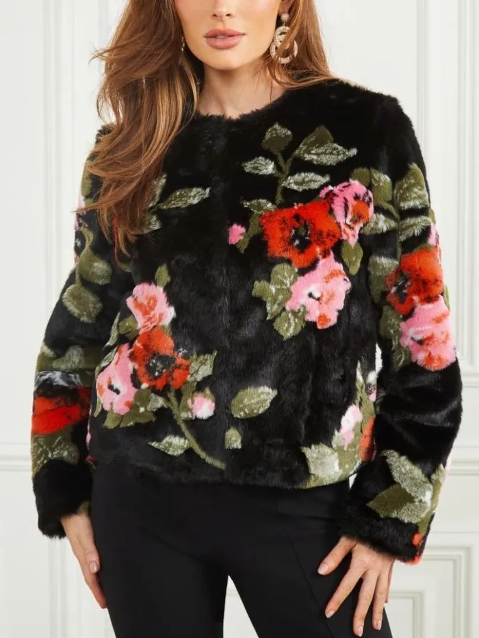 Women GUESS Jackets and Coats Corsage FauxFur Floral Jacket Corsage Print