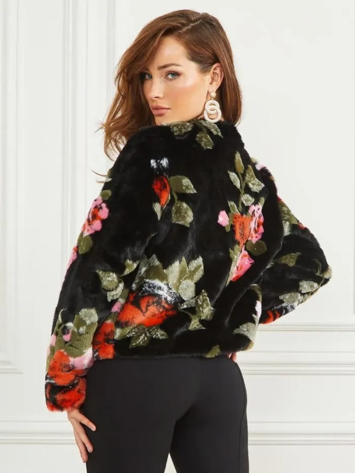 Women GUESS Jackets and Coats Corsage FauxFur Floral Jacket Corsage Print