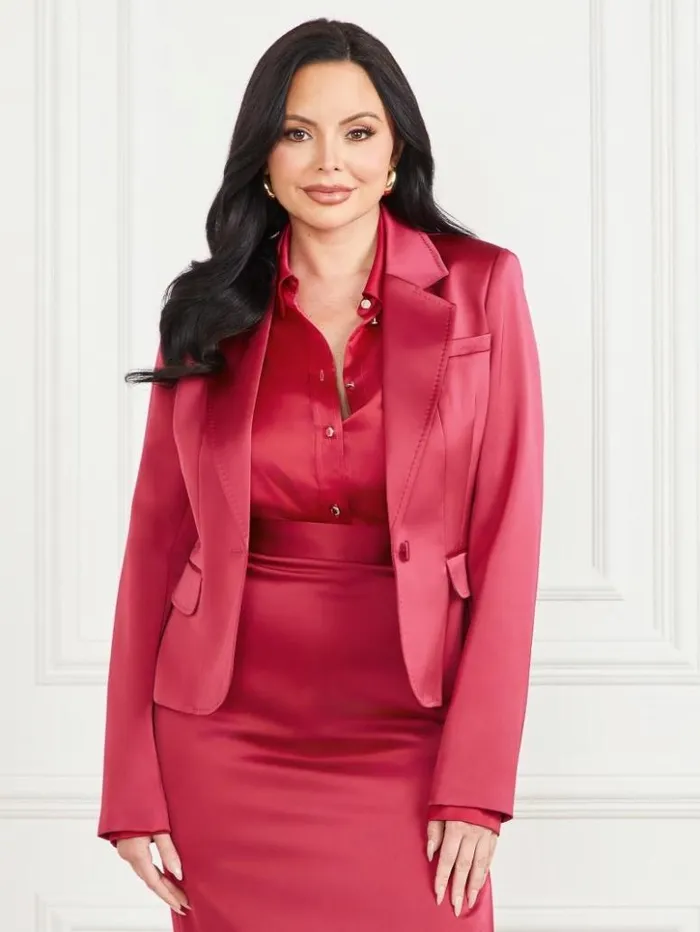 Women GUESS Jackets and Coats Corsage Solid Satin Blazer Viva Pink
