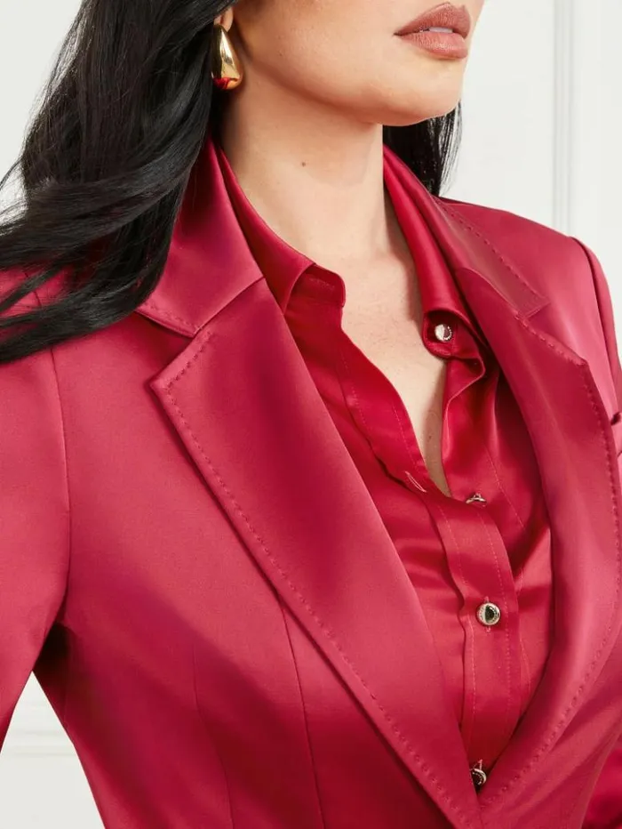 Women GUESS Jackets and Coats Corsage Solid Satin Blazer Viva Pink