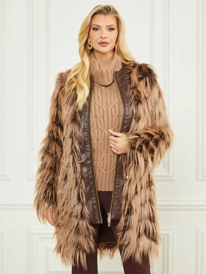 Women GUESS Jackets and Coats Dinah Shaggy Coat Dark Bourbon With Classic
