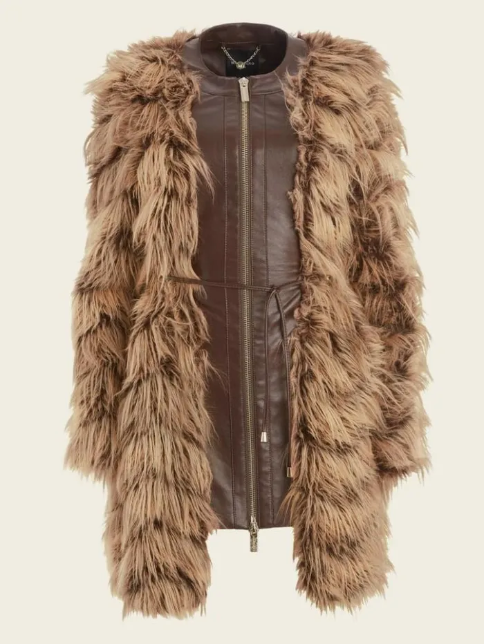 Women GUESS Jackets and Coats Dinah Shaggy Coat Dark Bourbon With Classic