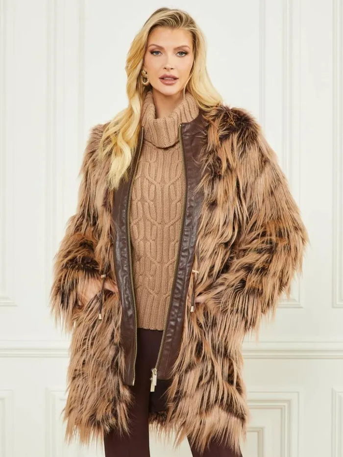 Women GUESS Jackets and Coats Dinah Shaggy Coat Dark Bourbon With Classic