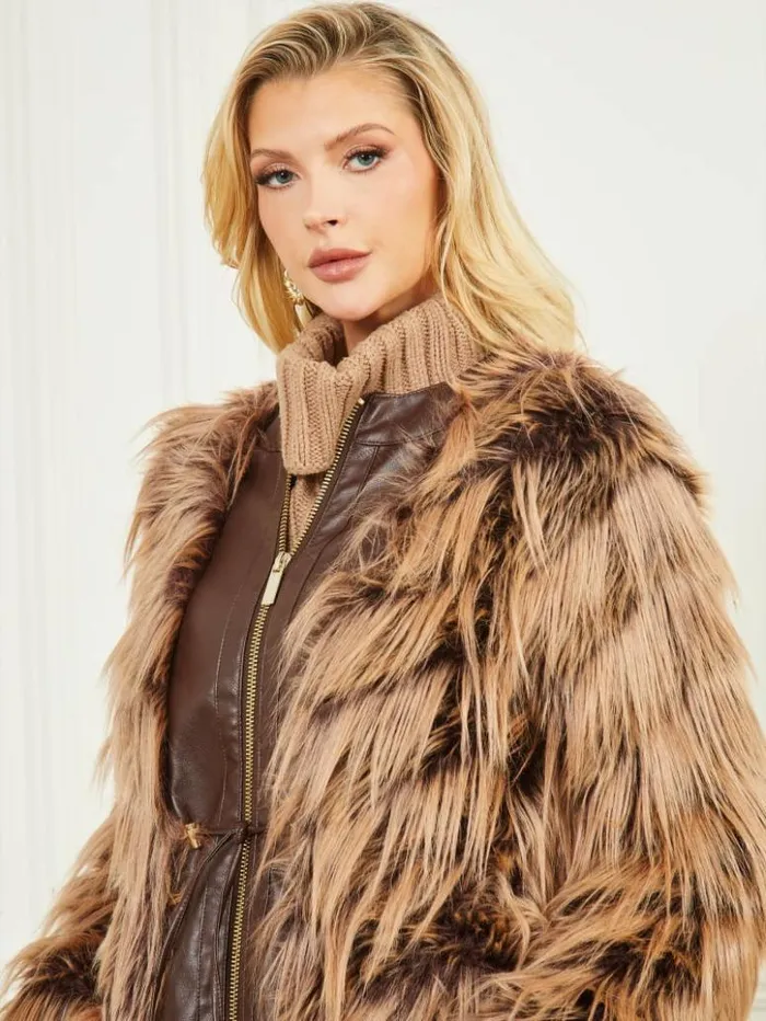 Women GUESS Jackets and Coats Dinah Shaggy Coat Dark Bourbon With Classic