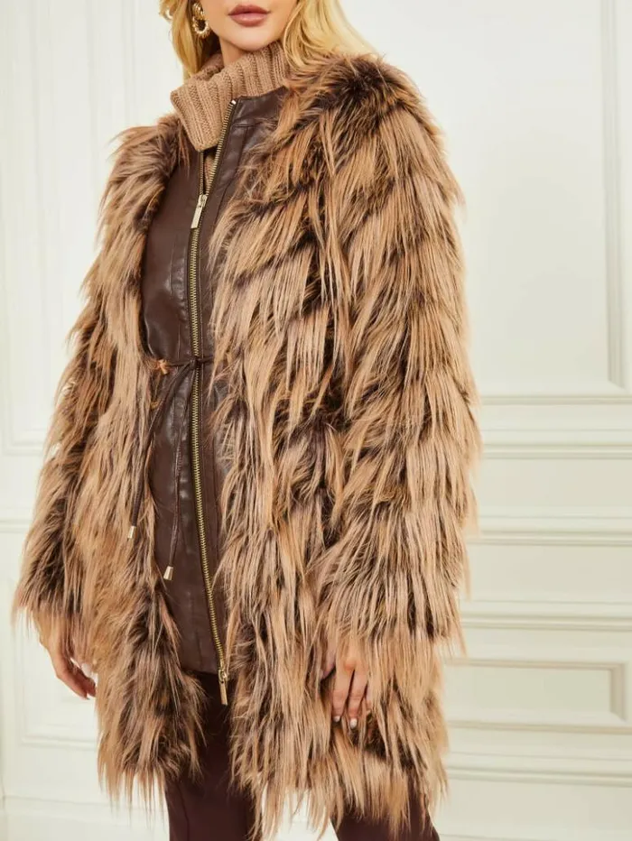 Women GUESS Jackets and Coats Dinah Shaggy Coat Dark Bourbon With Classic