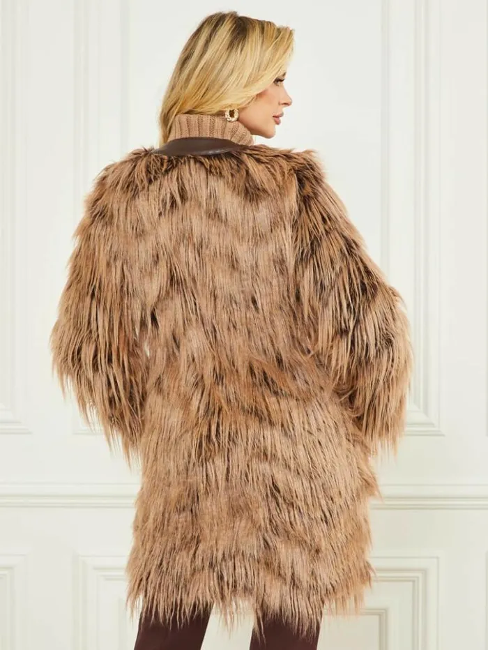 Women GUESS Jackets and Coats Dinah Shaggy Coat Dark Bourbon With Classic