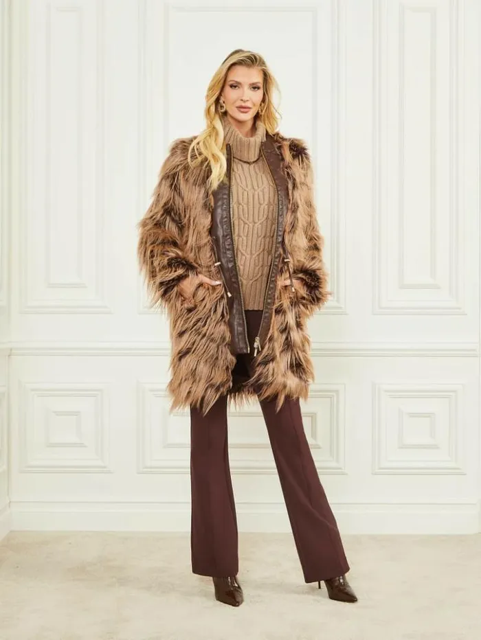 Women GUESS Jackets and Coats Dinah Shaggy Coat Dark Bourbon With Classic