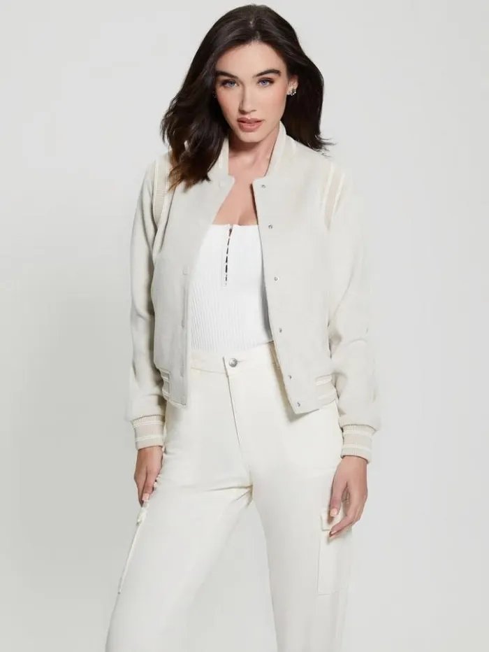 Women GUESS Jackets and Coats Eco Gloria Signature Flight Jacket Vanilla Blush Multi Women GUESS Jackets and Coats Eco Gloria Signature Flight Jacket Vanilla Blush Multi