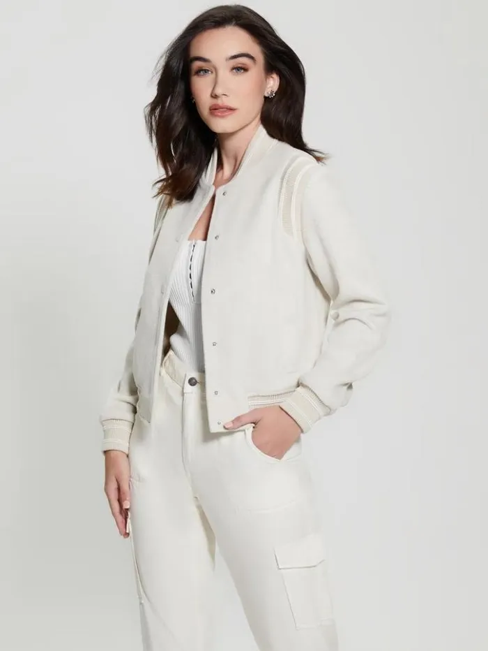 Women GUESS Jackets and Coats Eco Gloria Signature Flight Jacket Vanilla Blush Multi Women GUESS Jackets and Coats Eco Gloria Signature Flight Jacket Vanilla Blush Multi