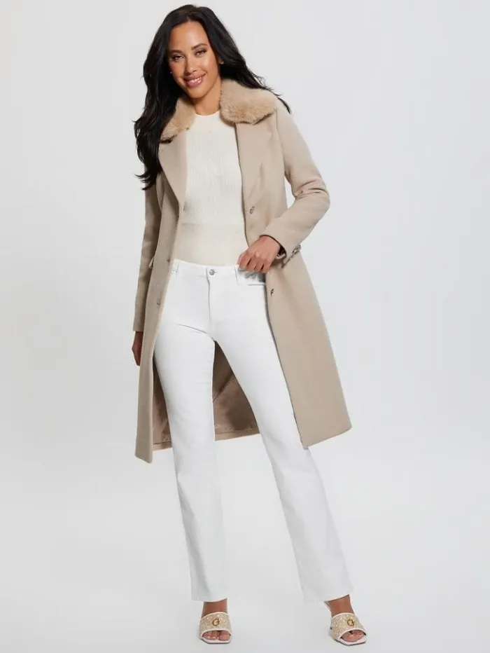 Women GUESS Jackets and Coats Eco Laurence FauxFur Midi Coat Cemento