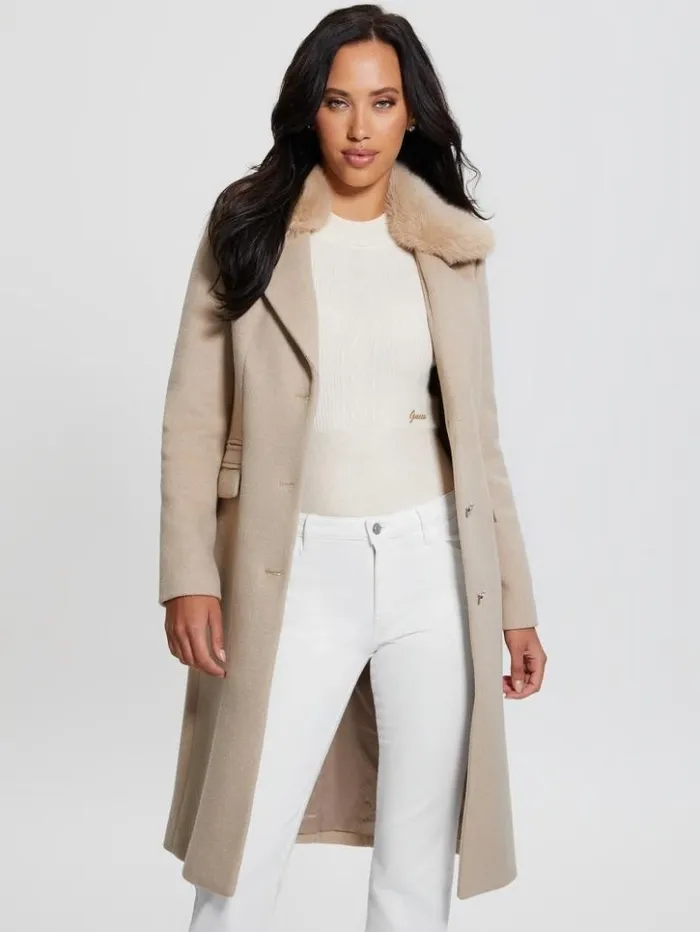 Women GUESS Jackets and Coats Eco Laurence FauxFur Midi Coat Cemento